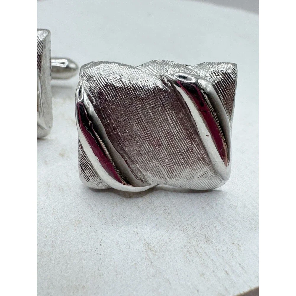 Swank Textured Silver Tone Wavy Rectangle Cufflinks MCM Mid Century Modern